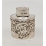 A Victorian silver tea caddy, by Lee & Wigfull, Sheffield 1895, of ovoid form, with repouuse leaf