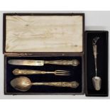 A George III matched three piece silver Queens pattern christening set, the spoon and fork by Taylor