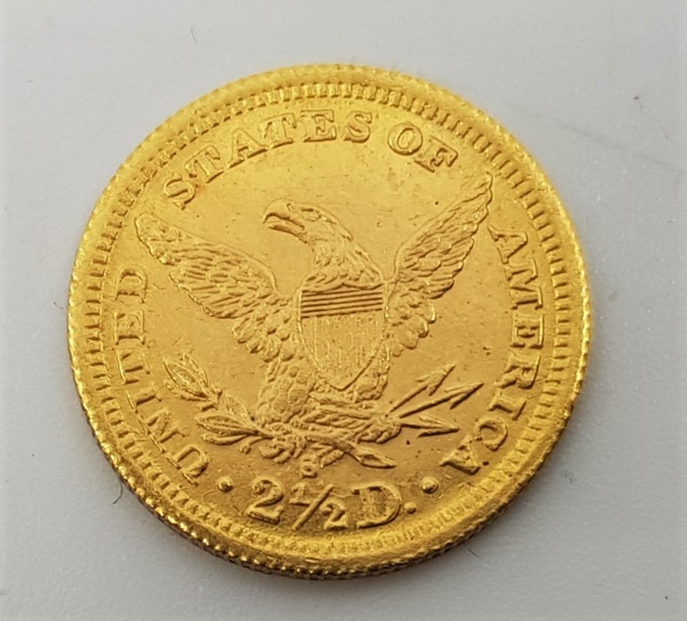 A replica counterfeit US 1878 Quarter Eagle 2 1/2 dollars gold coin, with accent mark above number 8 - Image 2 of 2