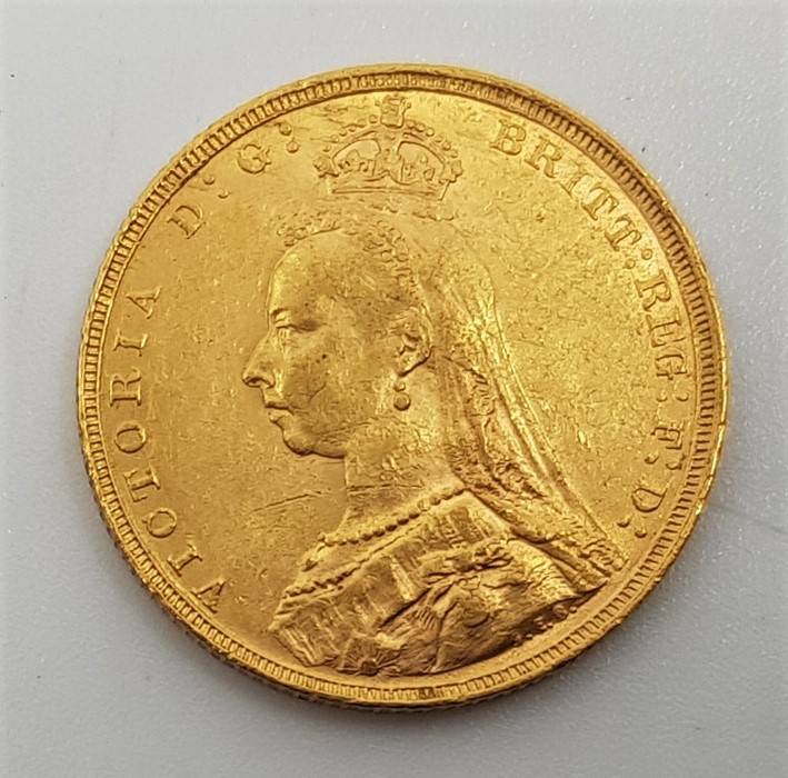 An 1891 Victoria "Jubilee bust" gold sovereign, London mint.