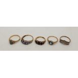 Five various 9ct, gold rings, including a 9ct. gold five stone garnet ring, together with four