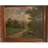 A large 19th cent oil on canvas landscape study with sheep 62 by 53cm excluding frame