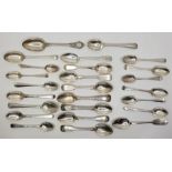 A collection of English silver teaspoons, various patterns, dates and makers (condition varies). (