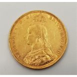 An 1889 Victoria "Jubilee bust" gold sovereign, London mint.