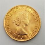 A 1963 Elizabeth II gold sovereign.