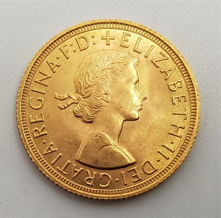 A 1958 Elizabeth II gold sovereign.