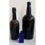 A large 18th cent hand blown wine bottle, a Poison bottle and a collection of similar 19th cent