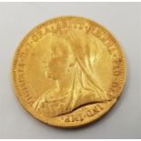 An 1893 Victoria "Veiled bust" gold sovereign, London mint.