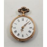 A late 19th century 18ct. gold, diamond and ruby set ladies' open face pocket watch, crown wind,