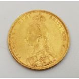 An 1889 Victoria "Jubilee bust" gold sovereign, London mint.