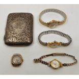 A silver rectangular cigarette case, together with a 9ct. gold ladies' wrist watch, and a three