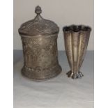 An Islamic interest white metal tea caddy and a white metal Isfahan vase