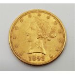 A USA 1893 Eagle ten dollars gold coin, San Francisco mint.