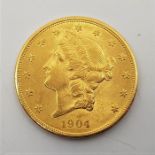 A USA 1904 Double Eagle twenty dollars gold coin, Philadelphia mint.