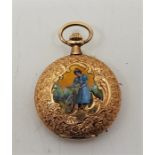 A 14ct. gold and enamel ladies' hunter pocket watch, crown wind, having white enamel Arabic