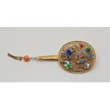 A Chinese precious yellow metal and cloisonne enamel "fan" brooch, fashioned as a rigid fan having