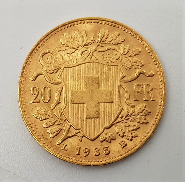 Switzerland: A 1935 L-B Vreneli 20 franc gold coin, Bern mint - Image 2 of 2