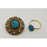 A precious yellow metal and turquoise set mourning brooch, of domed circular form with central