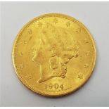 A USA 1904 Double Eagle twenty dollars gold coin, Philadelphia mint.