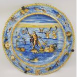 A large 19th century Majolica charger, depicting Poseidon and mythical sea creatures, diameter