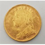 Switzerland: A 1935 L-B Vreneli 20 franc gold coin, Bern mint