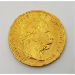 Austria-Habsburg: An 1892 Franz Joseph I 8 florins/20 francs gold coin.