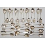 A collection of old English pattern silver teaspoons, to include: five George III bright cut