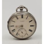 A Victorian J W Benson silver pocket watch, key wind fusee movement, having white enamel Roman