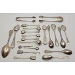 A collection of silver salt and condiment spoons, to include: A silver old English stem mustard