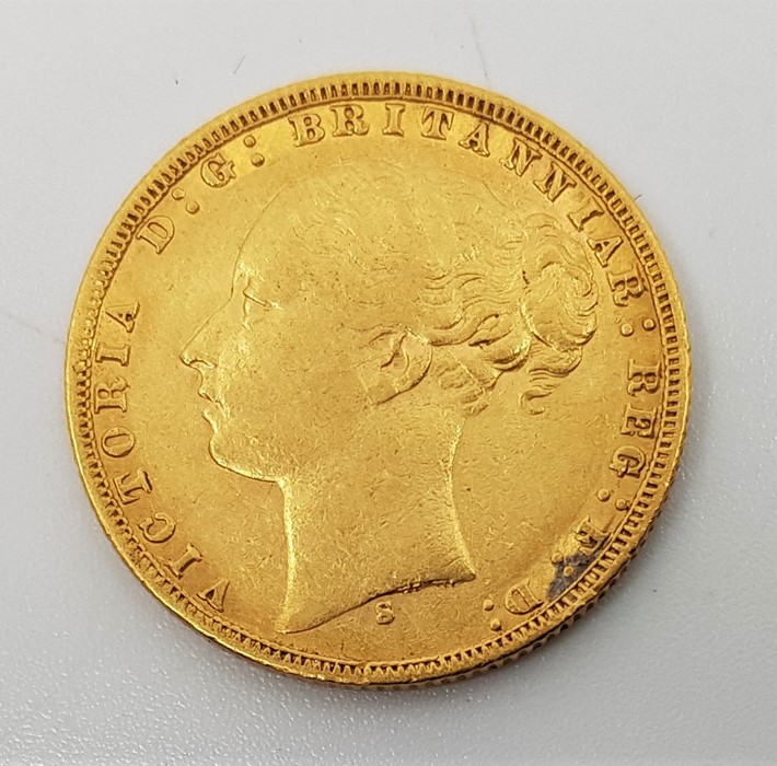 An 1876 Victoria "Young bust" gold sovereign, rev. St. George, Sydney mint.