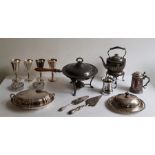 A large collection of silver plated table and flatware, to include; a warming pan and cover on stand