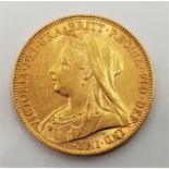 An 1899 Victoria "Veiled bust" gold sovereign, London mint.