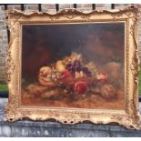 A large early 20th cent oil on canvas still life study, basket and fruit, monogrammed C.W.D. 63CM BY
