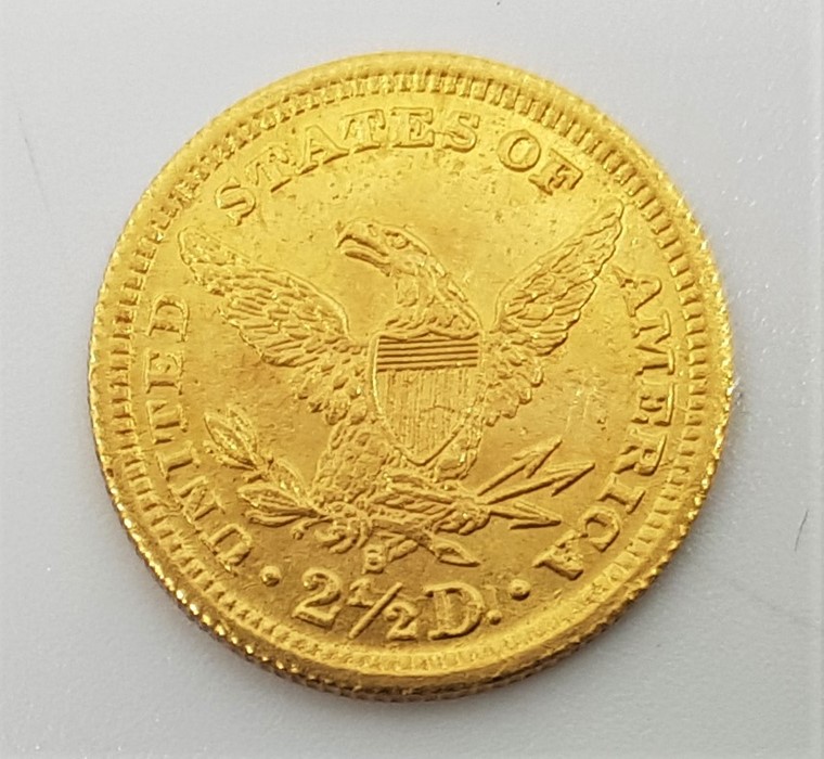 A replica/counterfeit US 1878 Quarter Eagle 2 1/2 dollars gold coin, with accent mark above number 8 - Image 2 of 2