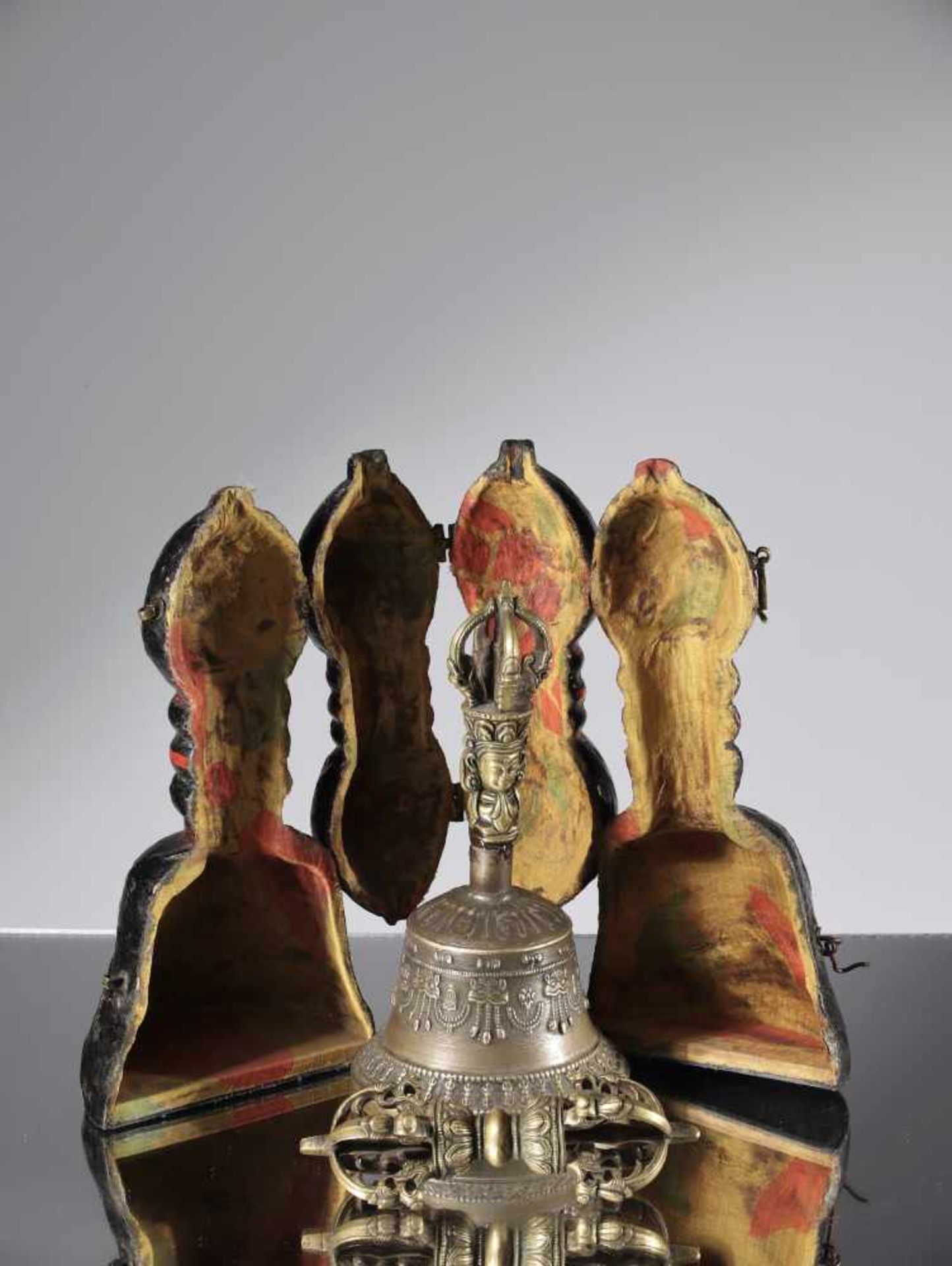 RITUAL SET , GHANTA + VAJRA + CASEBronze and Paper mache paintedTibet , 18th centuryDimensions: