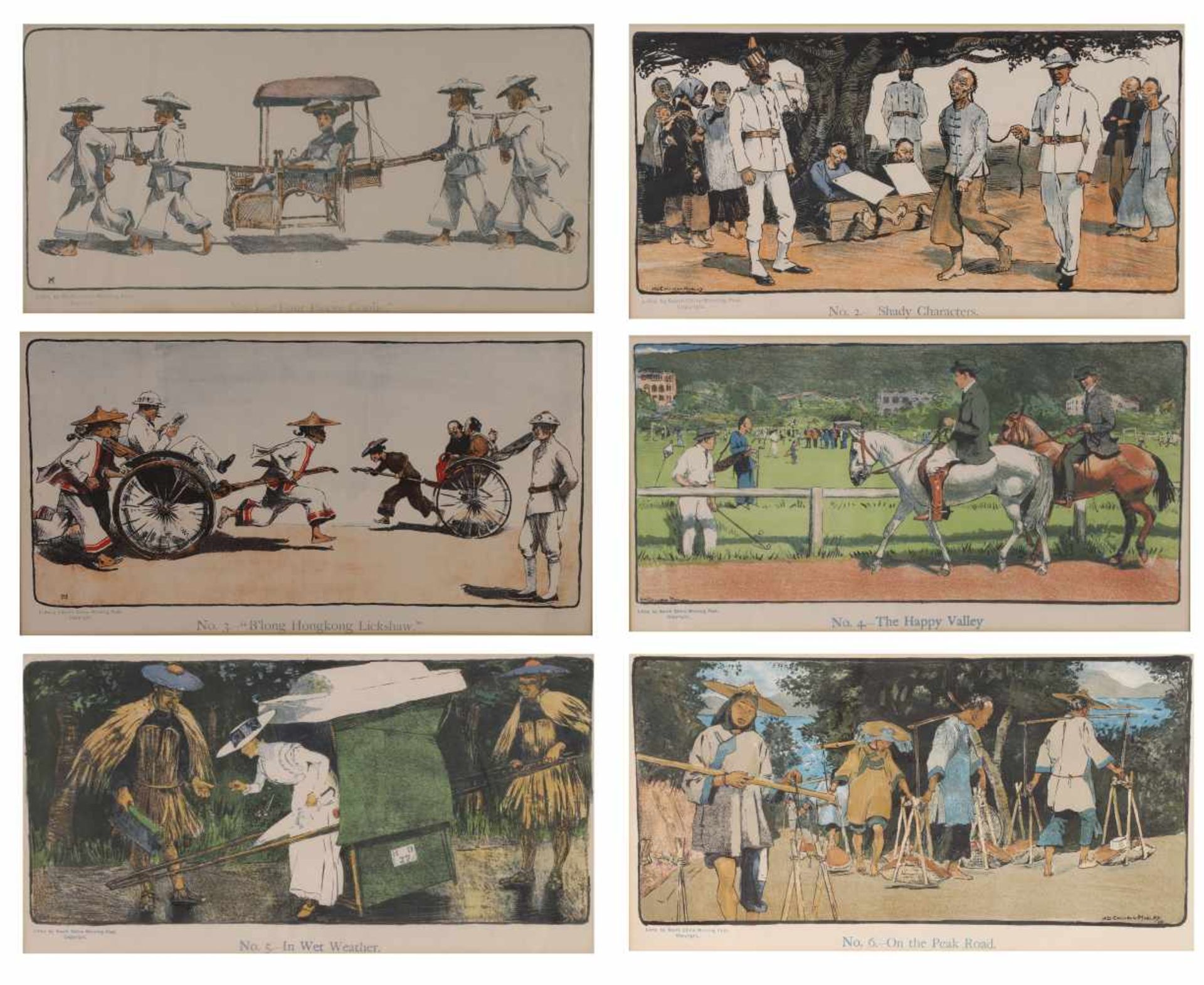 SIX LITHOGRAPHS FROM H.D. COLLISONS-MORLEY (BRIT. 1877-1915) DEPICTING SCENES OF HONG KONG