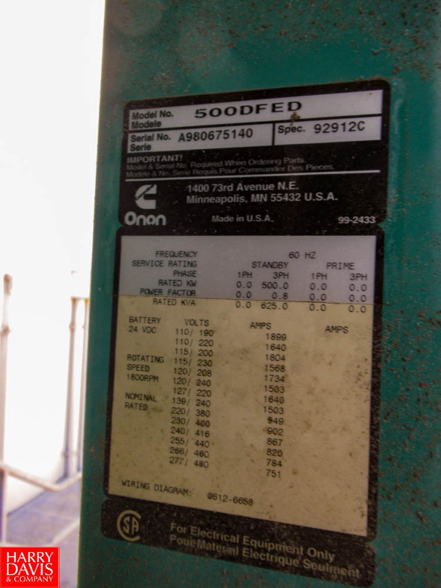 Onan Cummins 500-Kw Diesel Gen Set, Model: 500DFED SN: A980675140; Includes 1000 AMP Transfer Switch - Image 2 of 5