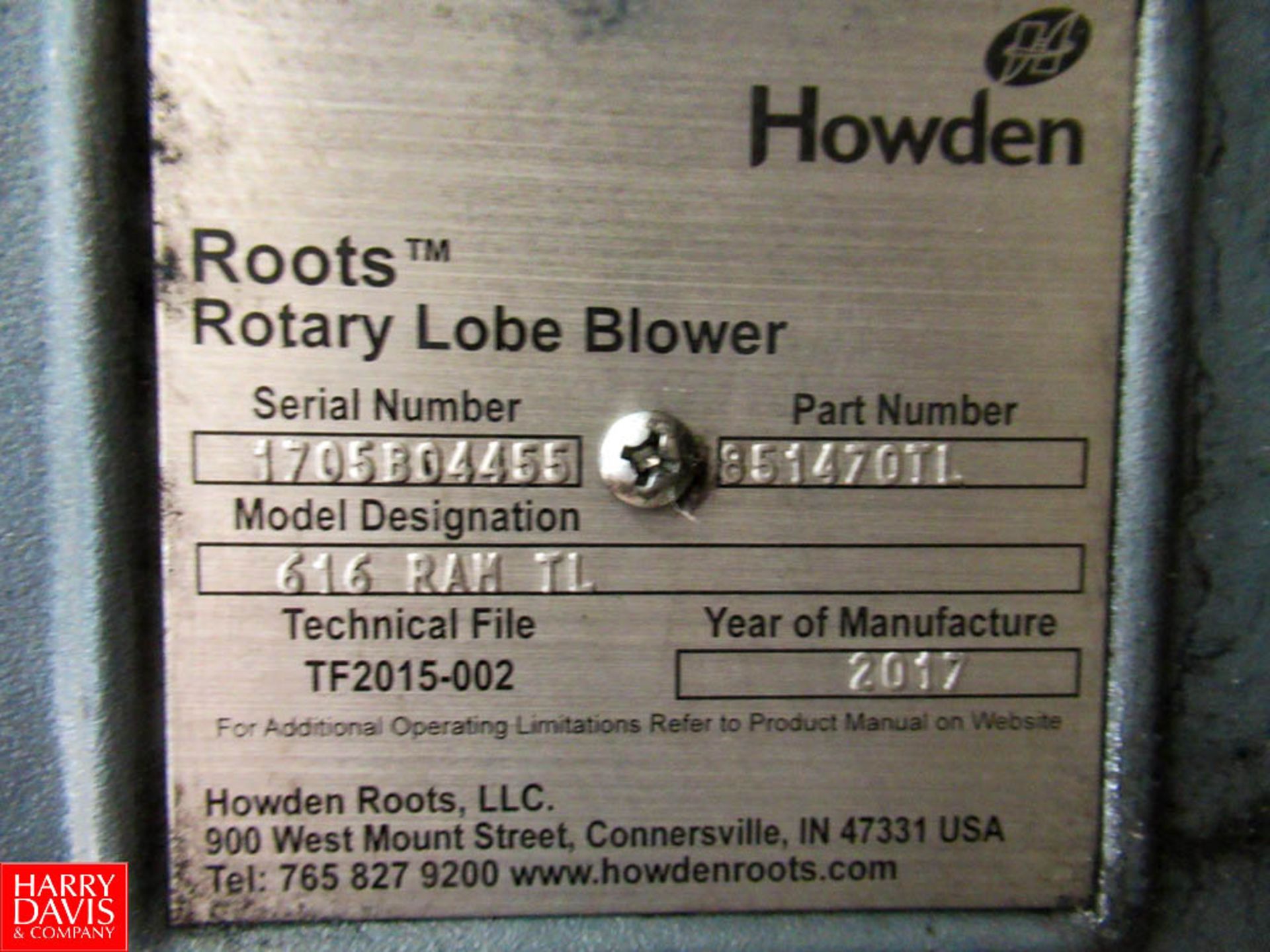 2017 Howden Roots Rotary Lobe 125 HP Blower, Model: 616 RAM TL SN: 1705B04455, 1780 RPM, 460 Volt, - Image 2 of 4