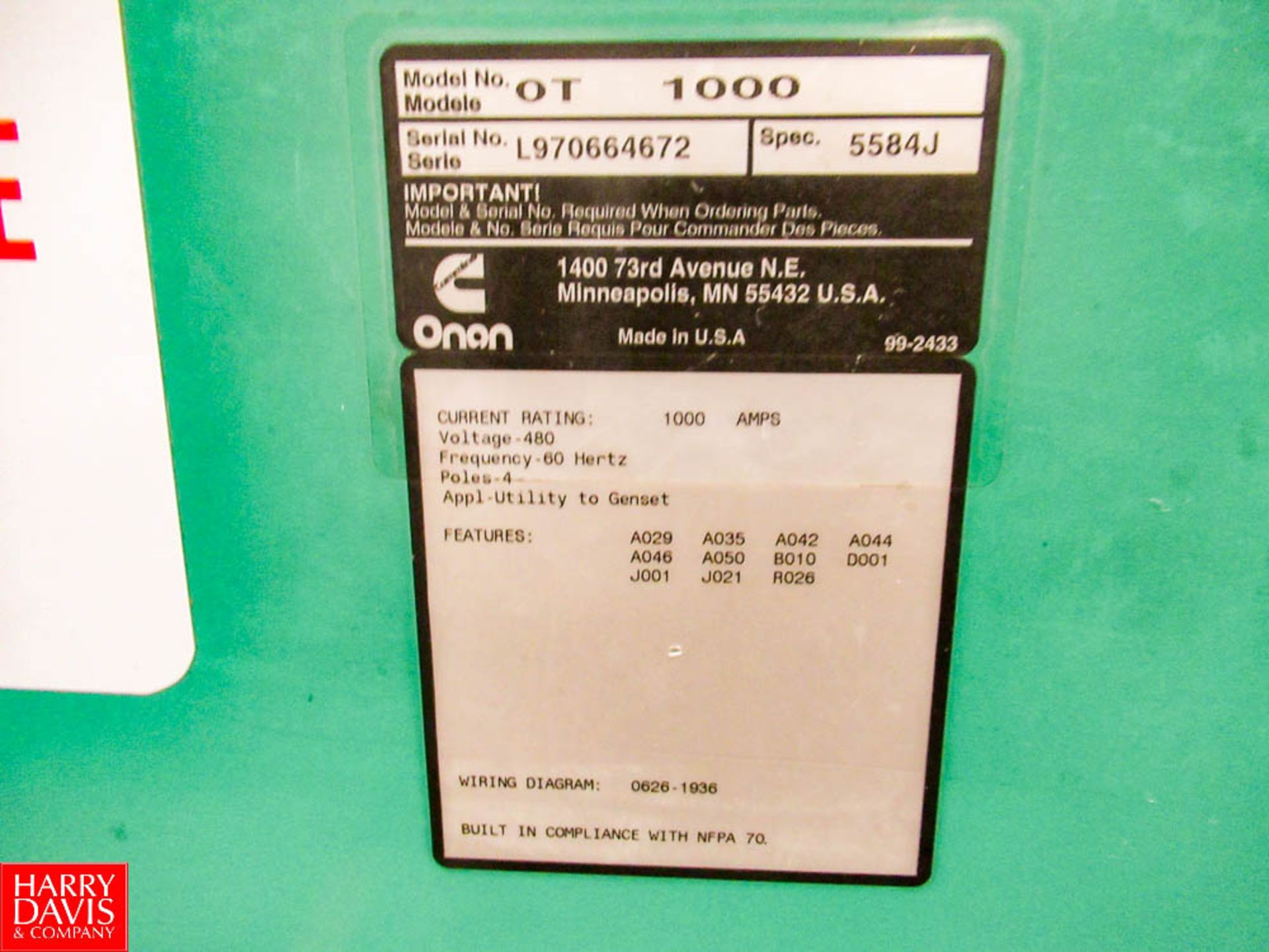 Onan Cummins 500-Kw Diesel Gen Set, Model: 500DFED SN: A980675140; Includes 1000 AMP Transfer Switch - Image 5 of 5