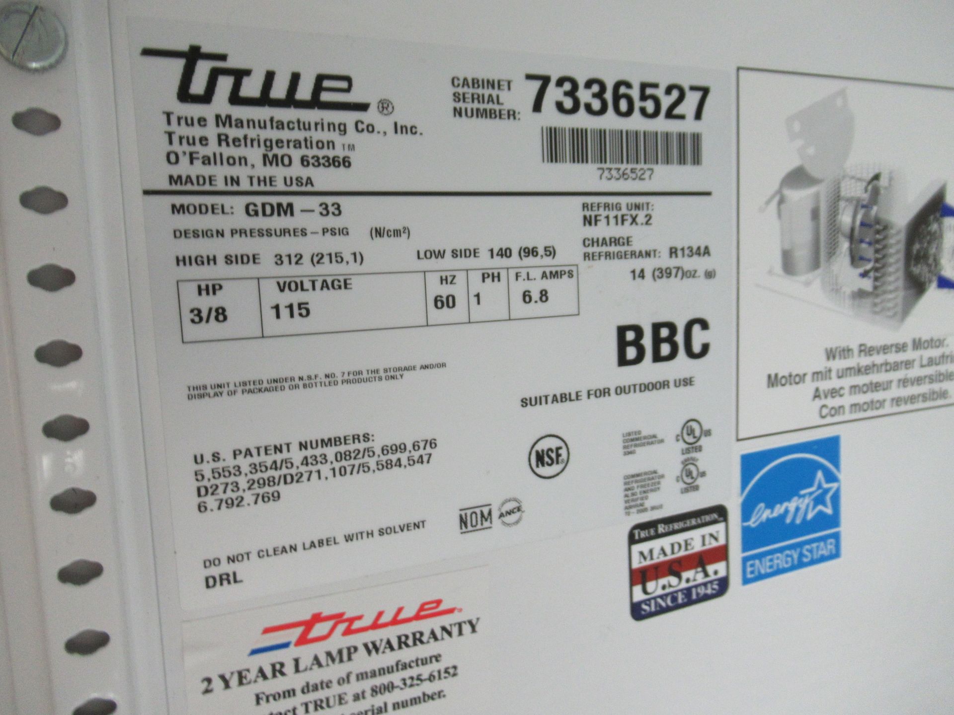 TRUE 2-Door Reach In Refrigerator, Model GDM-33, Located in: Office Break Room - Rigging Fee: $ 100 - Image 2 of 2