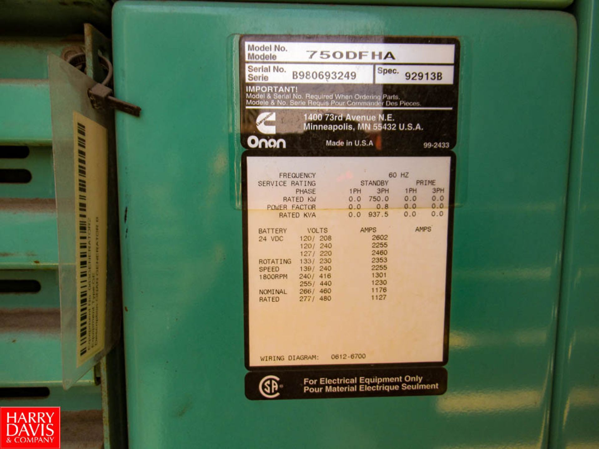 Onan Cummins 750-Kw Diesel Gen Set, Model: 750DFHA SN: B980693249, Located: Outside of Boiler Rm - - Image 4 of 4