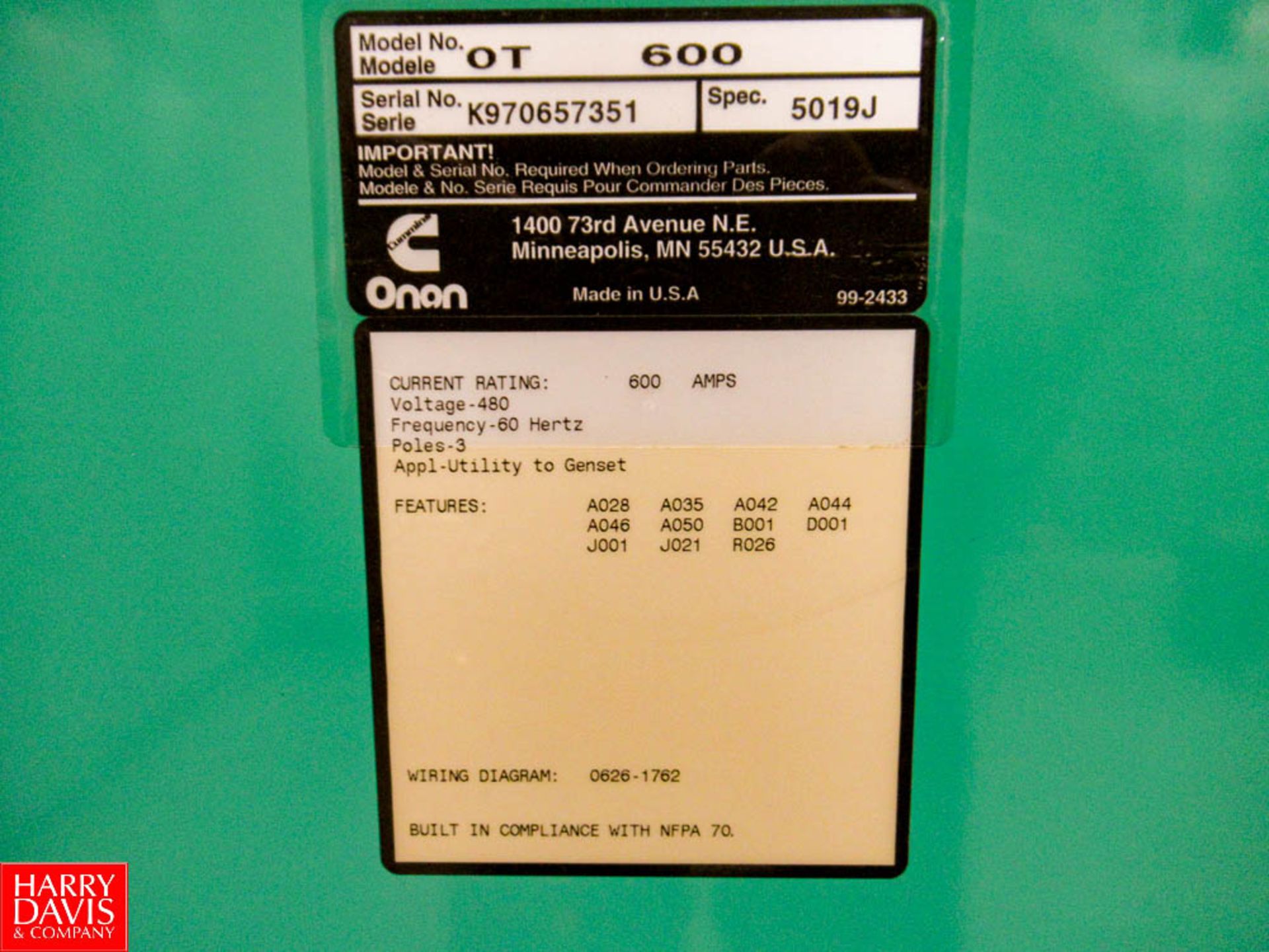 Onan Cummins 350-Kw Diesel Gen Set, Model: 350DFCC SN: B980694939; Includes 600 AMP Transfer - Image 6 of 6