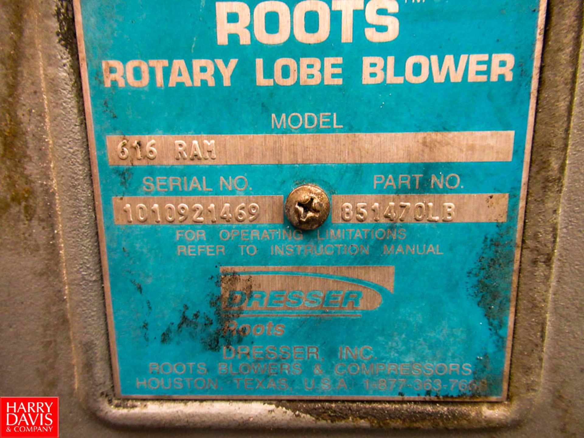 Roots Dresser Rotary Lobe 125 HP Blower, Model: 616 RAM SN: 1010921469, 1780 RPM, 460 Volt, - Image 2 of 4