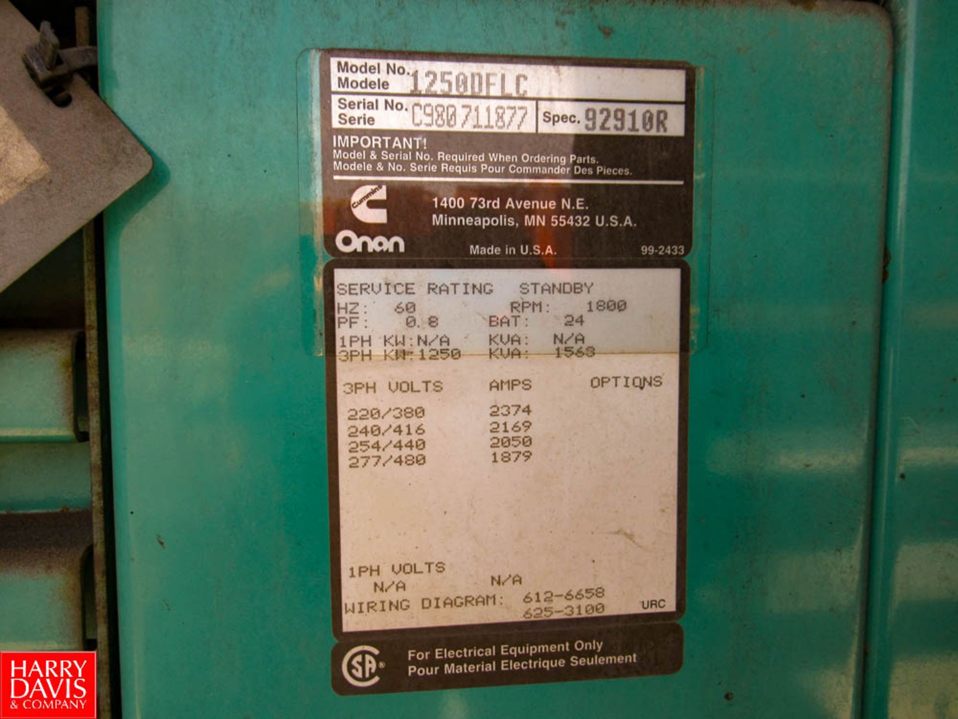 Onan Cummins 1250-Kw Diesel Gen Set, Model: 1250DFLC SN: C980711877, Located: Outside of Boiler Rm - - Image 3 of 3