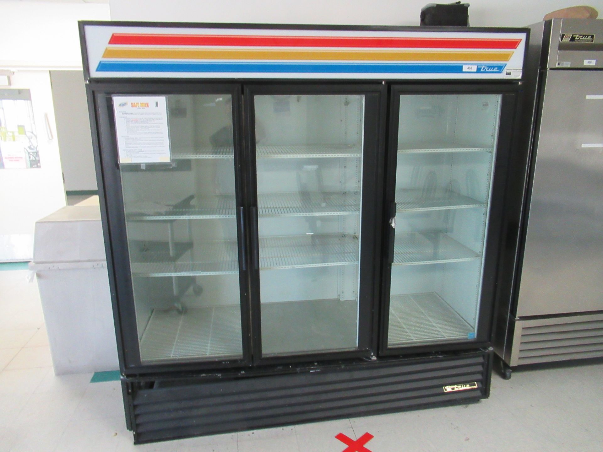 TRUE 3-Door Reach In Refrigerator, Model GDM-72, Located in: Office Break Room - Rigging Fee: $ 250