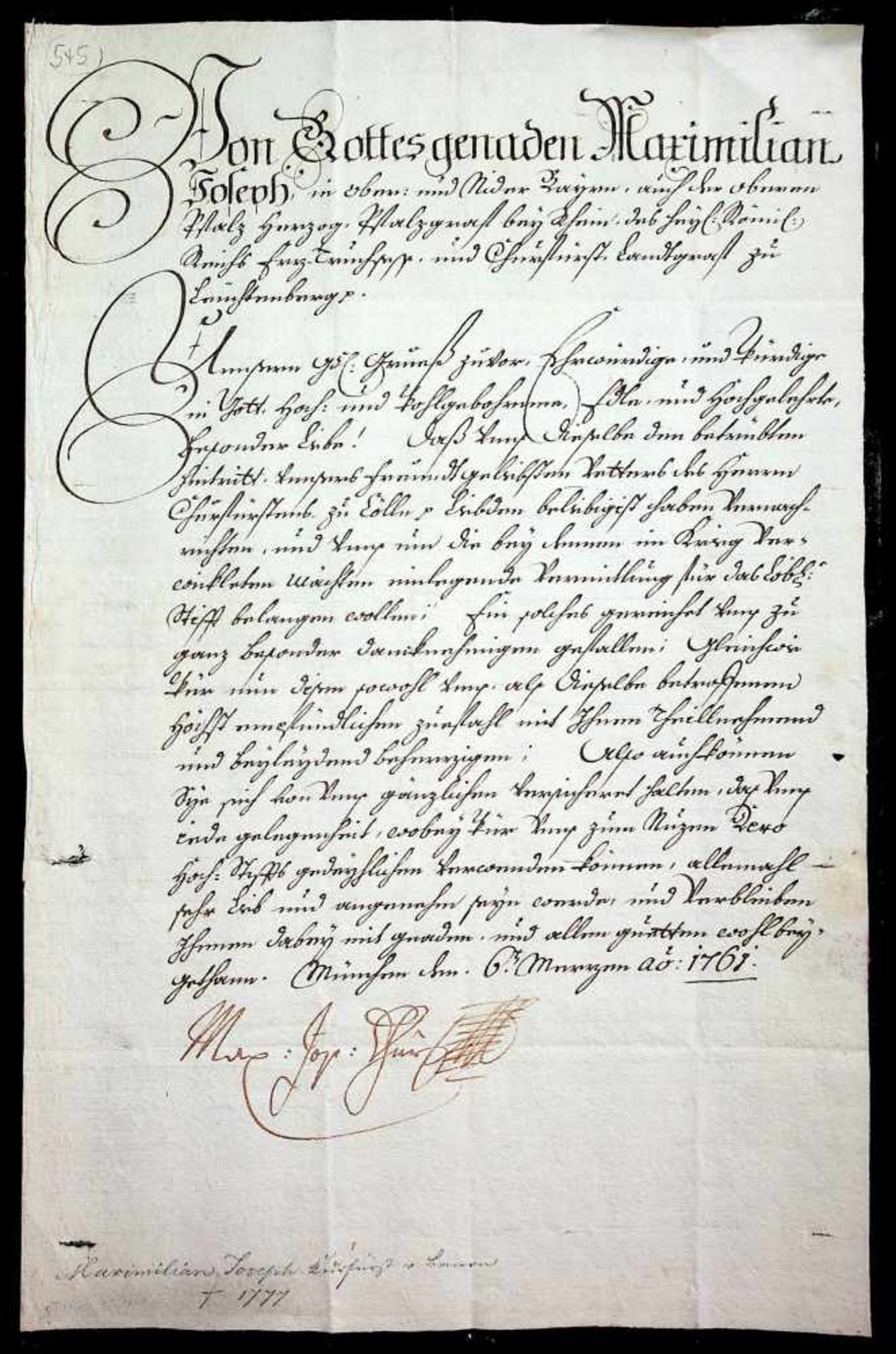Maximilian III. Joseph,Br. m. U. Mchn. 6.III.1761. Fol. 1 S.Dankt fr ein Kondolenzschreiben zum Tod