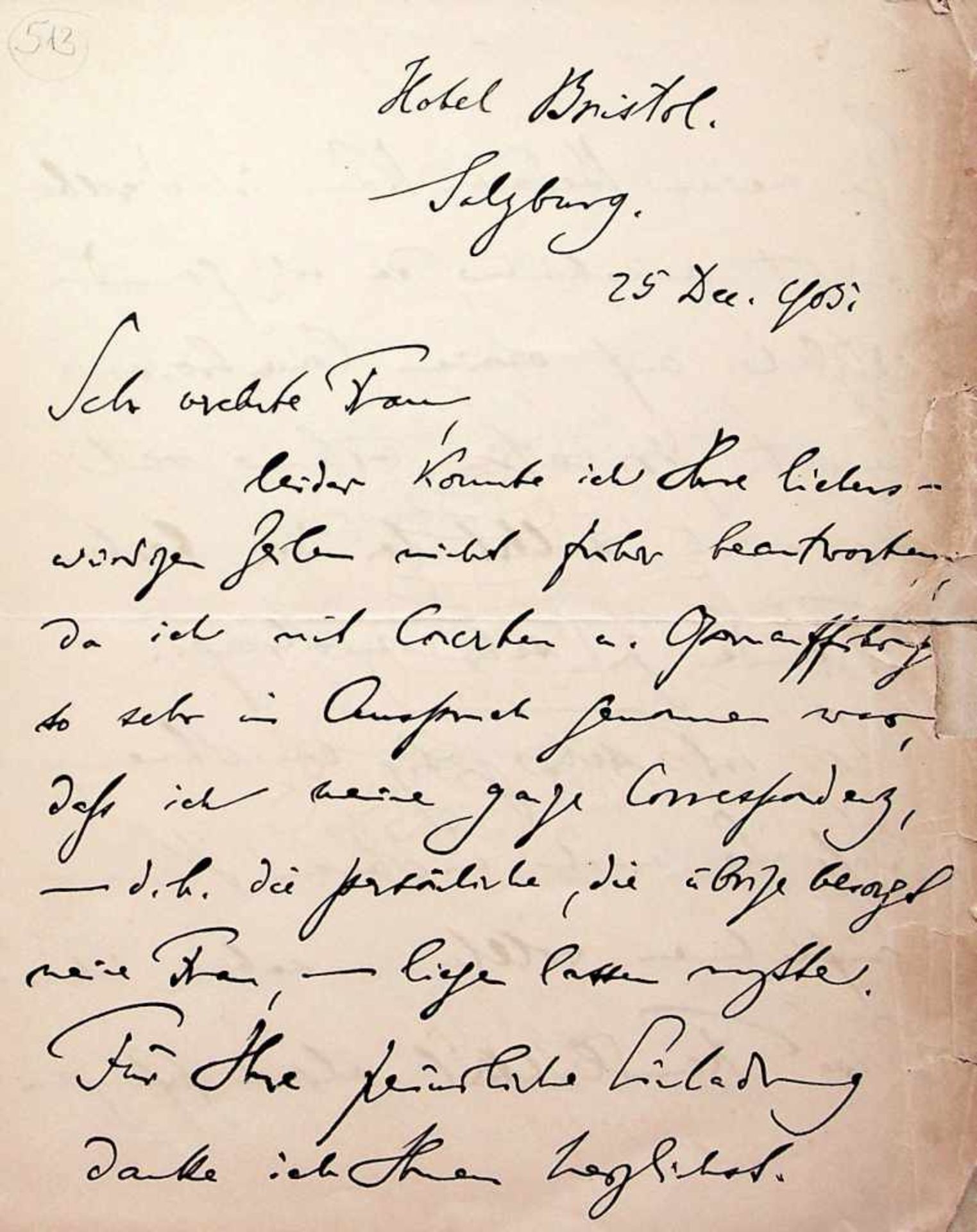 Albert, Eugen d',E. Br. m. U. Salzburg, Hotel Bristol, 25.XII.(1)905. 3 SS. auf Dpbl.Dankesbrief