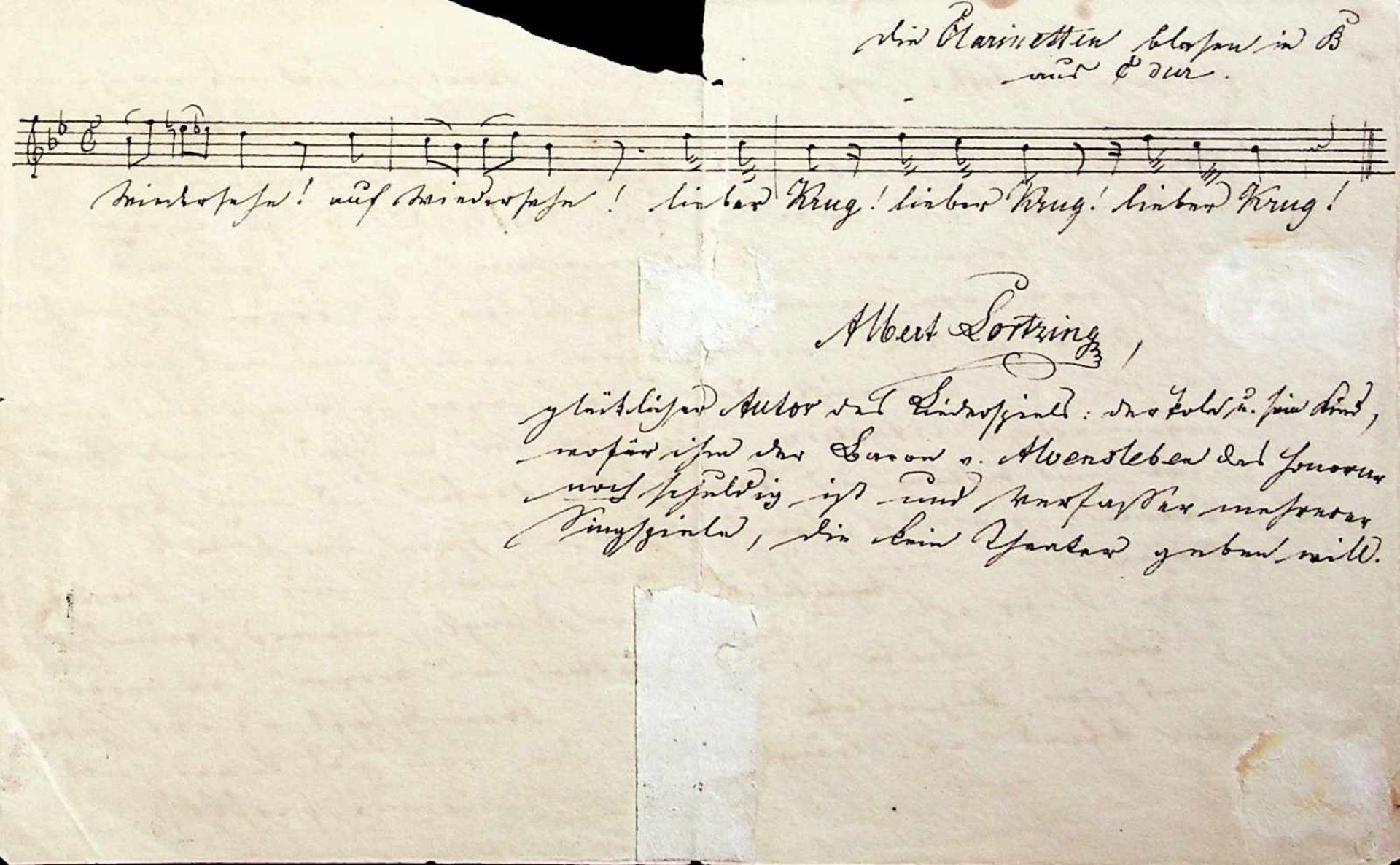 Lortzing, Albert,E. Albumblatt m. Notenzeile, Text u. U. O. O.(Detmold?) u. Dat. (ca. 1835). Qu.-8ø.