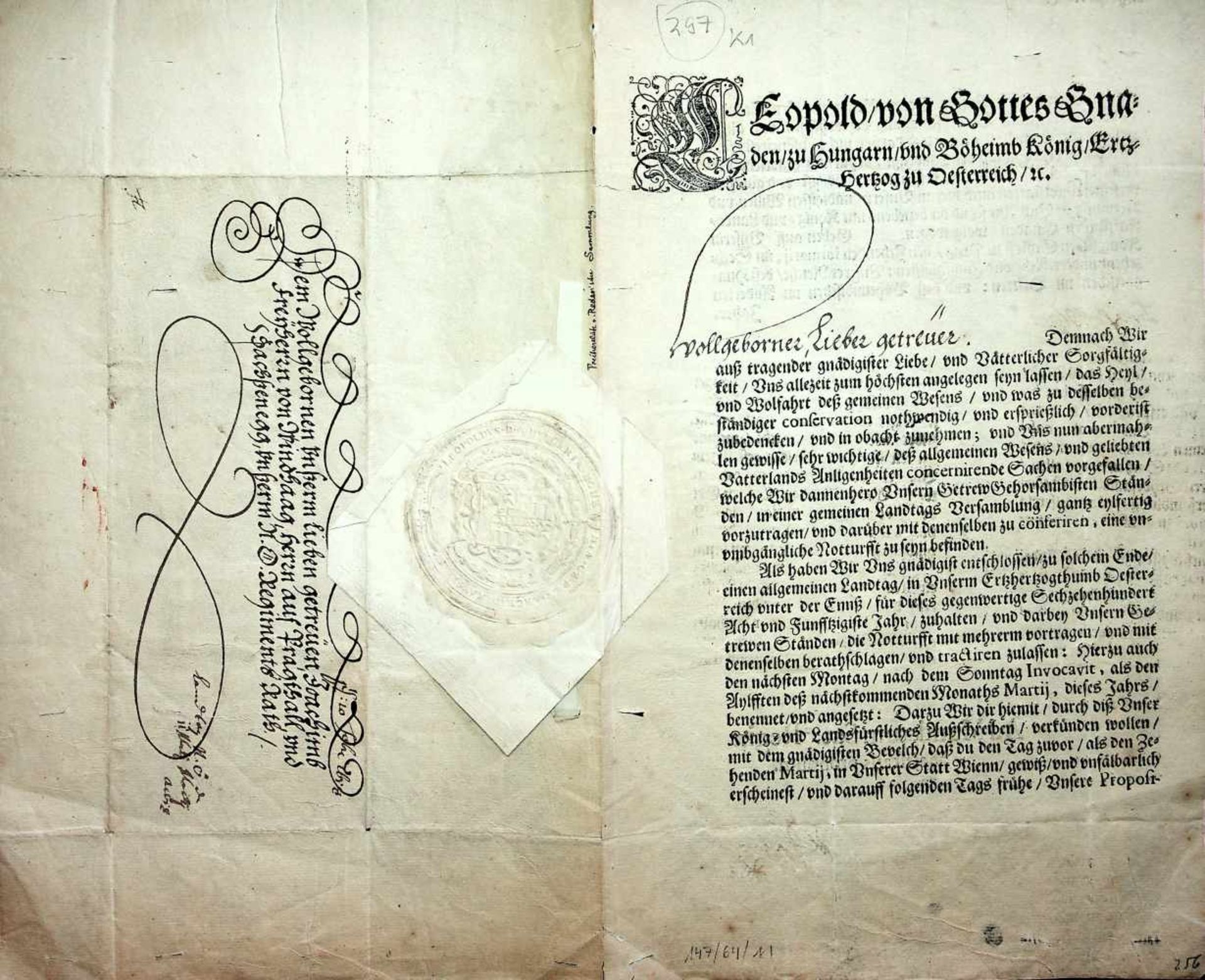 Leopold I., Kaiser.Dekret. Prag 10.I.1658. Fol. 2 SS. mit Adr. u.papiergedecktem Siegel.Aufforderung