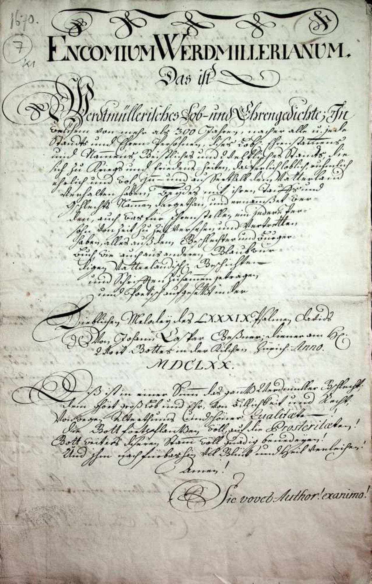 Encomium Werdmillerianum.Das ist Werdtmllerisches Lob- und Ehrengedichte.Dt. Handschrift auf